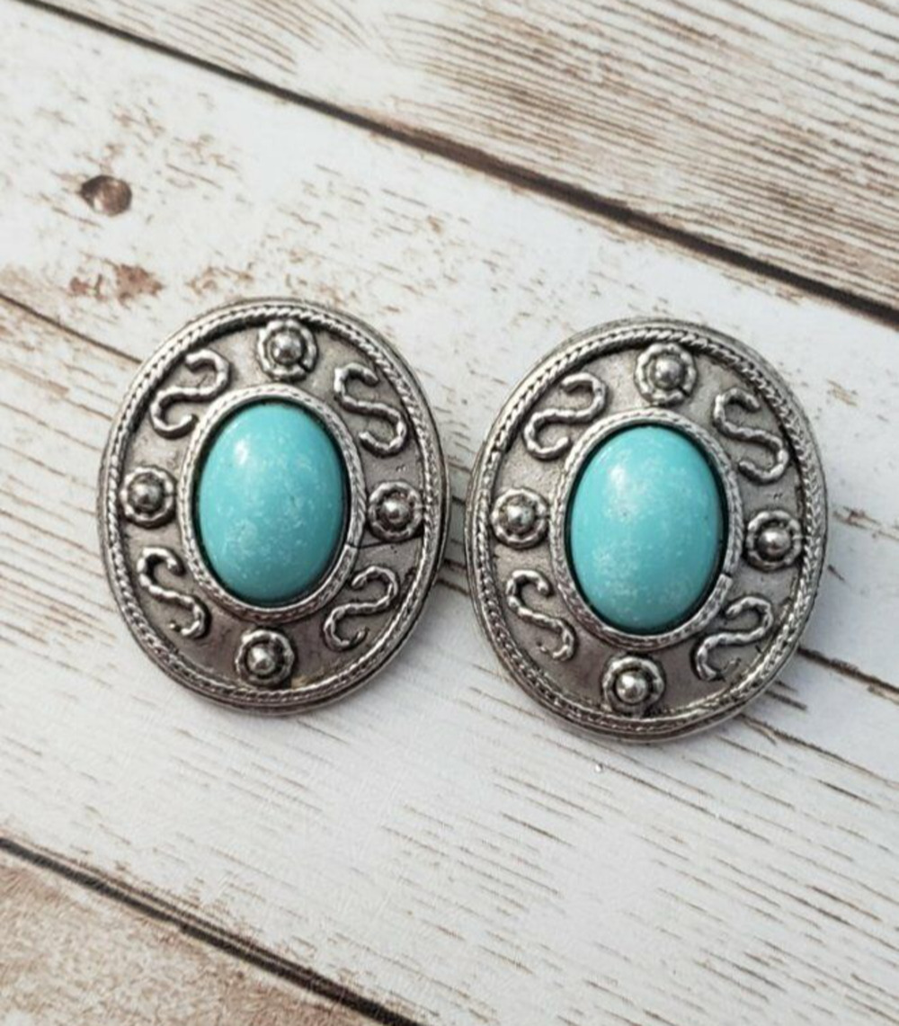 Vintage Clip On Earrings 1 & 1/8" Silver Tone Oval Turquoise Colored Center